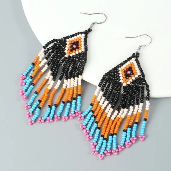 Beaded Aztec Southwestern Drop Earrings NEW - Picture 1 of 2